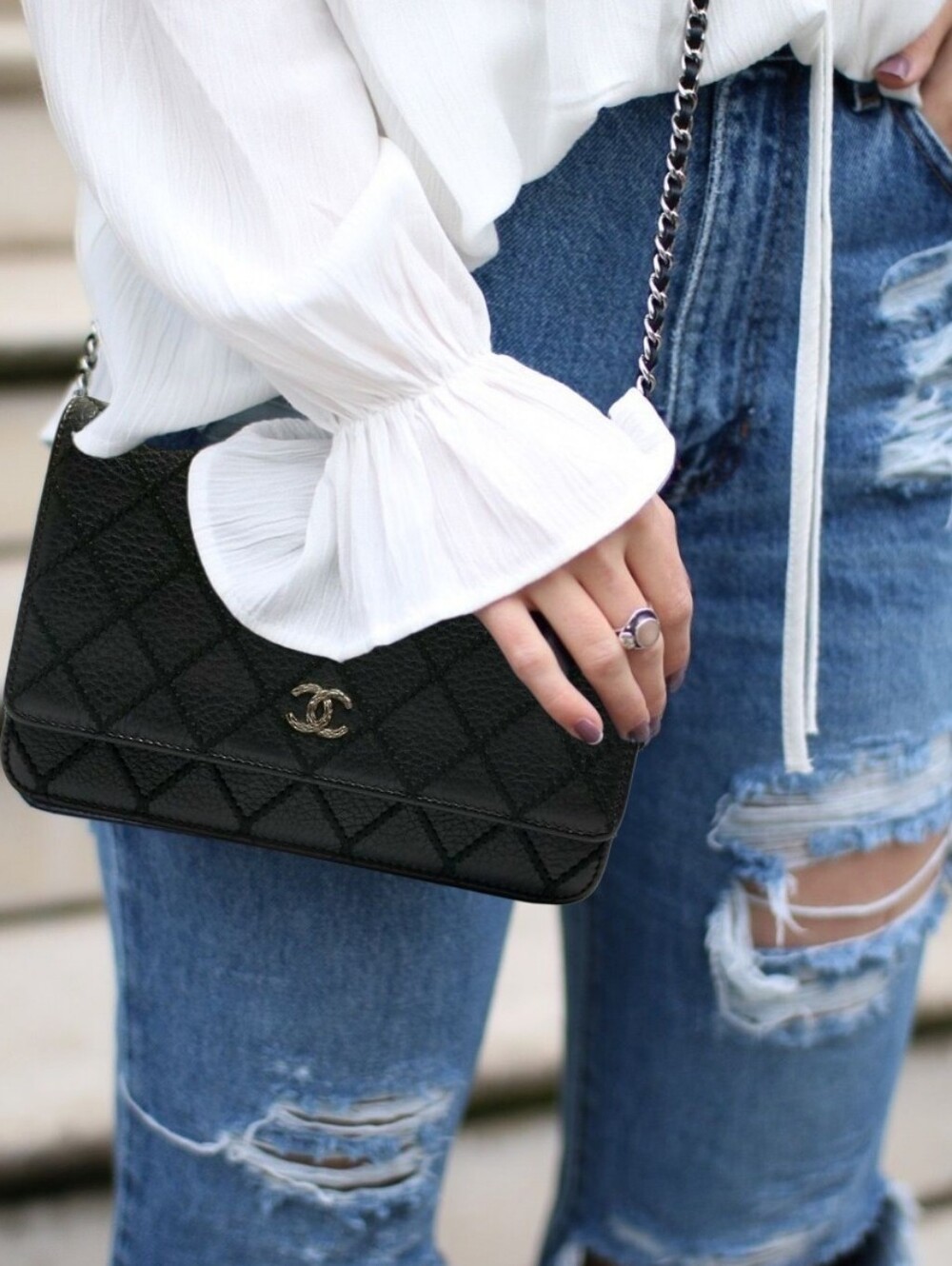 Rare! Authentic CHANEL Black Diamond Whipstitch Stitched Leather CC WOC Bag SHW